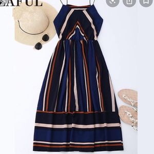Zaful Navy and Orange Striped Midi Dress